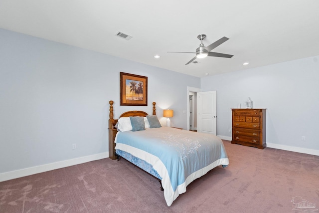 bedroom with ceiling fan and carpet floors