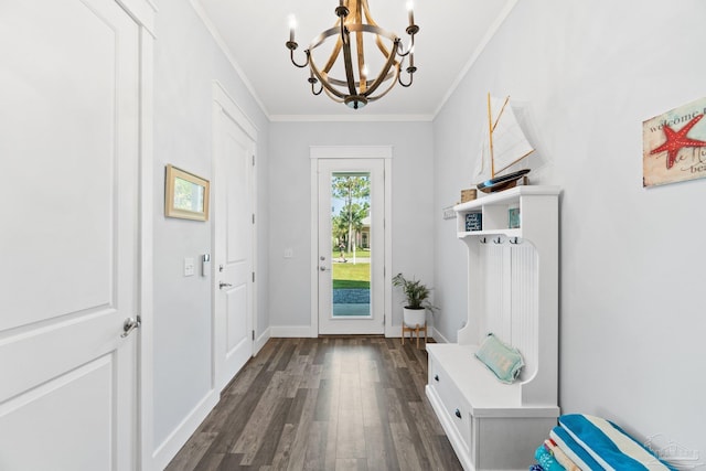 mudroom with ornamental molding, a notable chandelier, and dark wood-type flooring