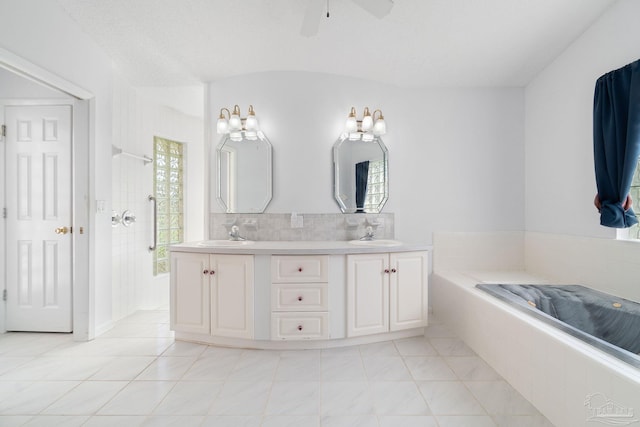 bathroom featuring vanity, shower with separate bathtub, ceiling fan, and tile patterned floors