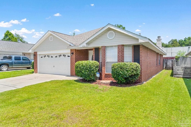 single story home featuring a garage and a front yard