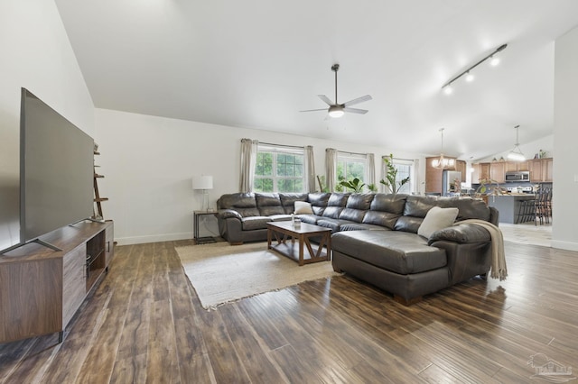 4793 Coronado Cir, Crestview, FL 32539 - living room featuring lofted ceiling, ceiling fan, dark wood-type flooring, baseboards, and rail lighting