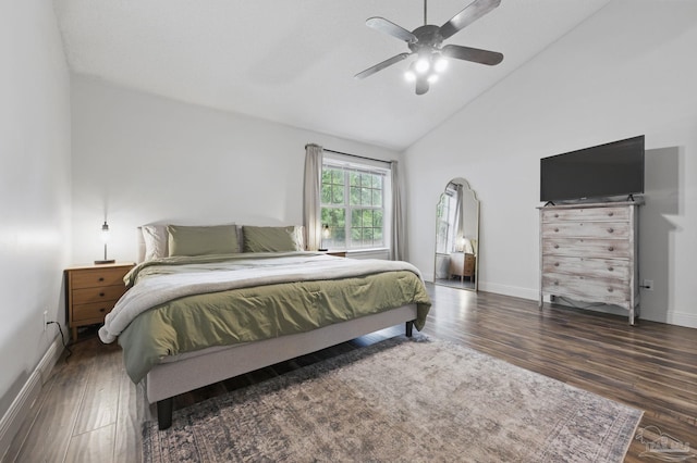 4793 Coronado Cir, Crestview, FL 32539 - bedroom with wood finished floors, baseboards, high vaulted ceiling, and ceiling fan