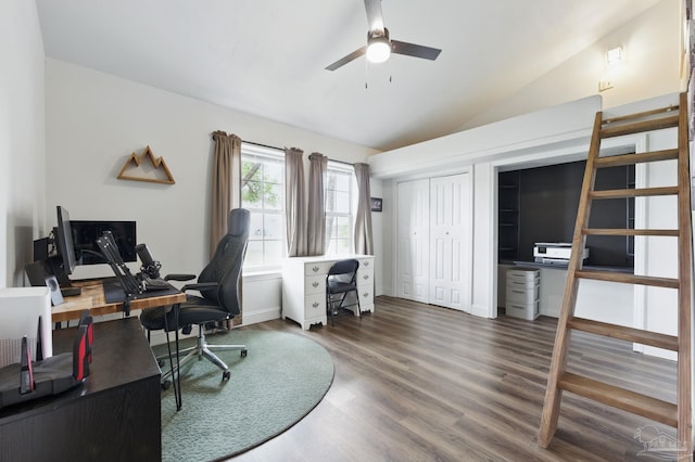 4793 Coronado Cir, Crestview, FL 32539 - office with a ceiling fan, vaulted ceiling, wood finished floors, and baseboards