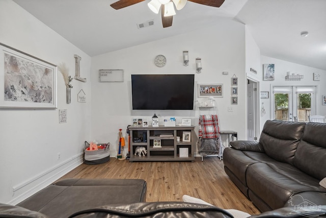 80 Woodland St, Cantonment, FL 32533 - living room featuring lofted ceiling, ceiling fan, wood finished floors, and baseboards