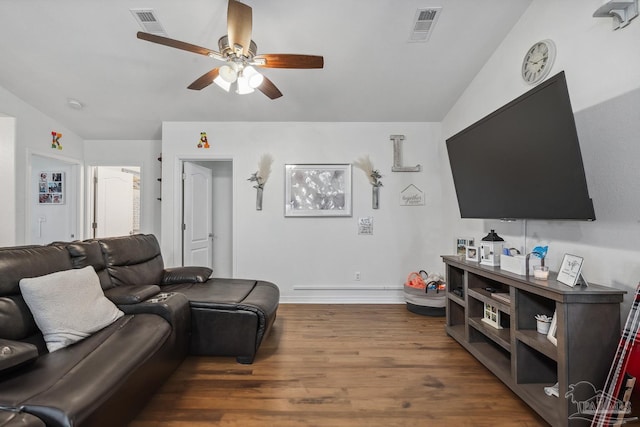 80 Woodland St, Cantonment, FL 32533 - living room featuring a ceiling fan, wood finished floors, vaulted ceiling, and baseboards