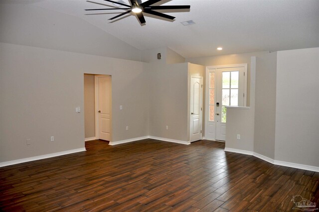 1701 Eagle Ter, Cantonment, FL 32533 - unfurnished room with a ceiling fan, dark wood finished floors, baseboards, lofted ceiling, and recessed lighting