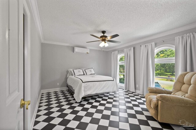 tiled bedroom featuring ceiling fan, ensuite bath, a textured ceiling, and ornamental molding