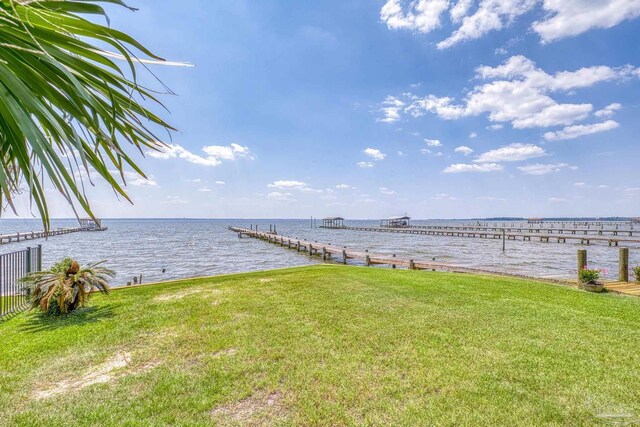 property view of water with a dock