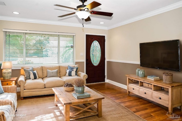 living room with wood-type flooring, ornamental molding, and ceiling fan