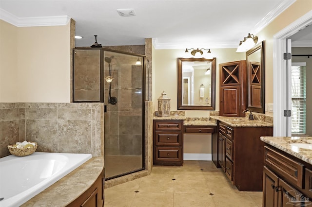 bathroom with crown molding, vanity, and separate shower and tub