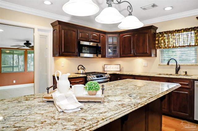 kitchen with sink, crown molding, hanging light fixtures, appliances with stainless steel finishes, and ceiling fan