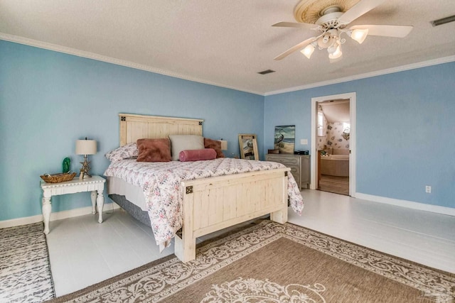 bedroom featuring ceiling fan, a textured ceiling, ensuite bathroom, and crown molding