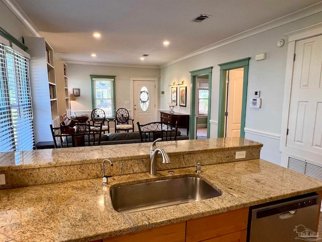 kitchen featuring stainless steel dishwasher, ornamental molding, sink, and light stone countertops