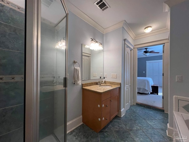 bathroom featuring a shower with door, ceiling fan, tile patterned floors, vanity, and ornamental molding