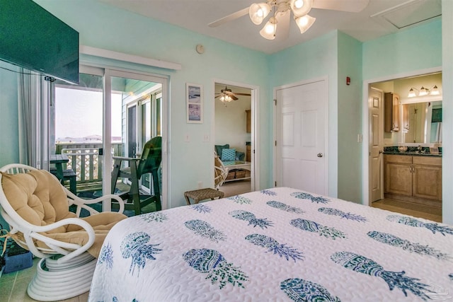 bedroom with ensuite bathroom, access to exterior, and ceiling fan