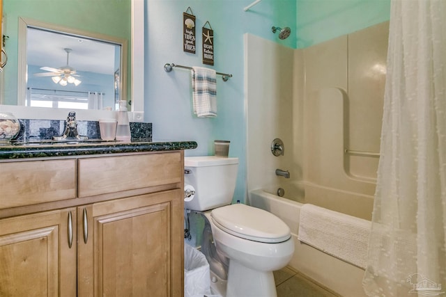 full bathroom with shower / tub combo with curtain, vanity, ceiling fan, toilet, and tile patterned floors