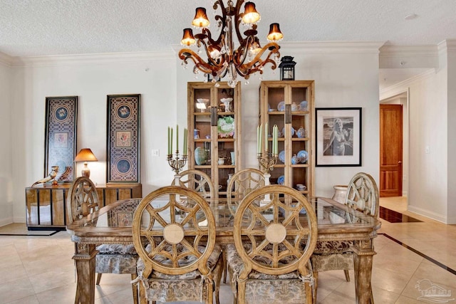 dining room featuring a notable chandelier, crown molding, light tile patterned floors, and a textured ceiling