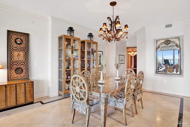 dining space featuring light tile patterned floors, crown molding, visible vents, and a notable chandelier