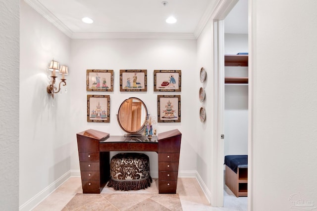 interior space featuring recessed lighting, tile patterned flooring, crown molding, and baseboards