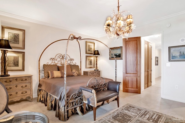 bedroom with a notable chandelier, crown molding, and light tile patterned floors