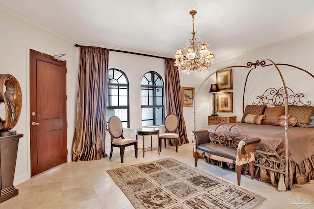 bedroom with an inviting chandelier, light tile patterned flooring, and ornamental molding