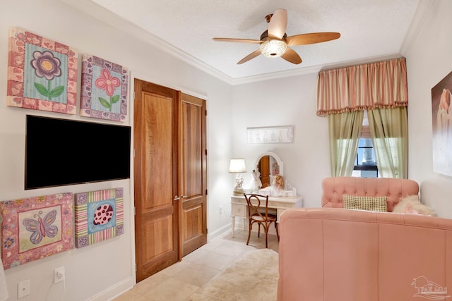 living room featuring light tile patterned flooring, a textured ceiling, ceiling fan, and ornamental molding