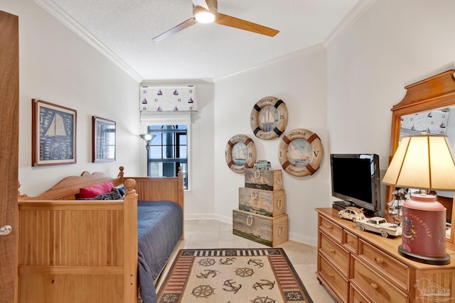 bedroom featuring light tile patterned flooring, a textured ceiling, ceiling fan, and crown molding