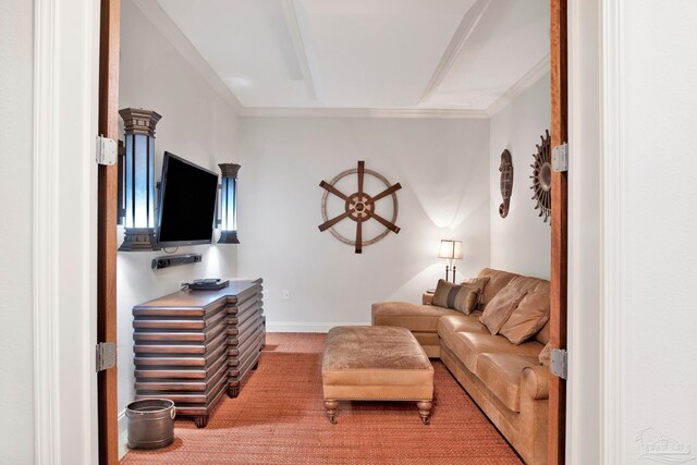 carpeted living room with ornamental molding