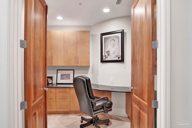 office area with recessed lighting, visible vents, and built in study area