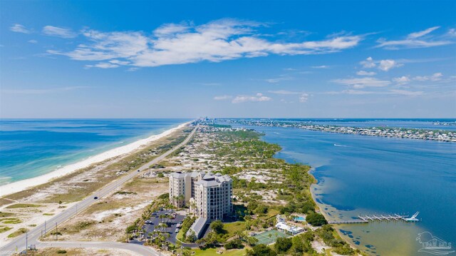 drone / aerial view with a water view and a beach view