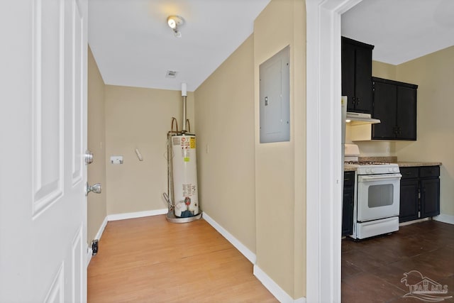 506 E Scott St, Pensacola, FL 32503 - corridor with gas water heater, baseboards, visible vents, dark wood-style floors, and electric panel