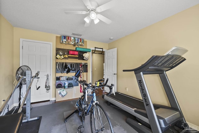 7770 Fenwick St, Navarre, FL 32566 - exercise area featuring a ceiling fan and a textured ceiling