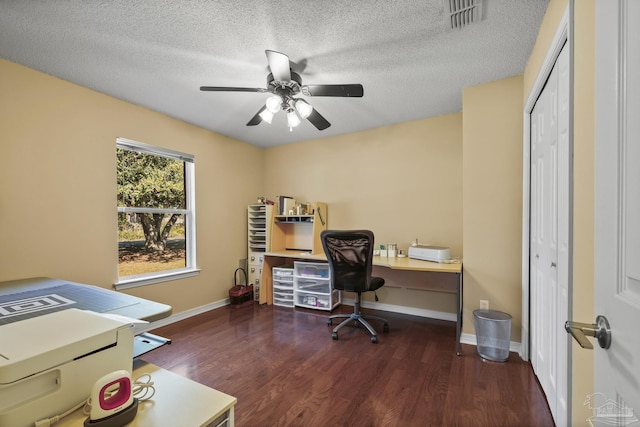 7770 Fenwick St, Navarre, FL 32566 - office with wood finished floors, a ceiling fan, and a textured ceiling