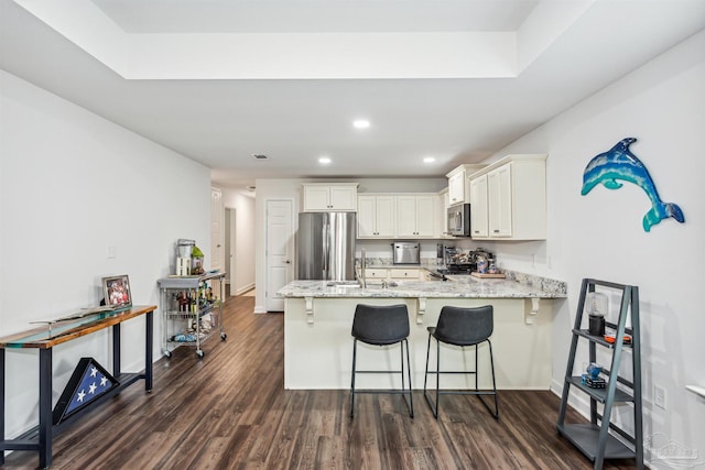 kitchen featuring sink, dark wood-type flooring, appliances with stainless steel finishes, white cabinetry, and kitchen peninsula