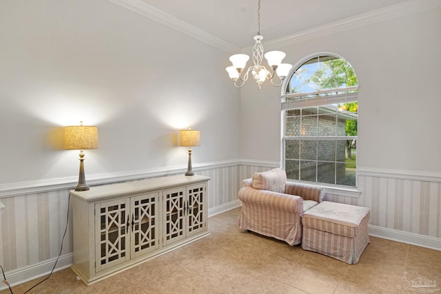 5140 Grumann Dr, Pensacola, FL 32507 - sitting room featuring a chandelier, crown molding, wainscoting, and tile patterned floors