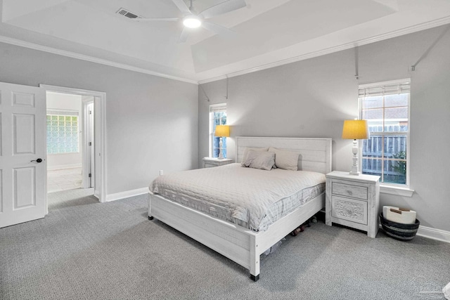 5140 Grumann Dr, Pensacola, FL 32507 - bedroom with carpet, baseboards, multiple windows, ornamental molding, and a ceiling fan