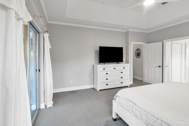 5140 Grumann Dr, Pensacola, FL 32507 - bedroom with dark carpet, a raised ceiling, baseboards, crown molding, and ceiling fan