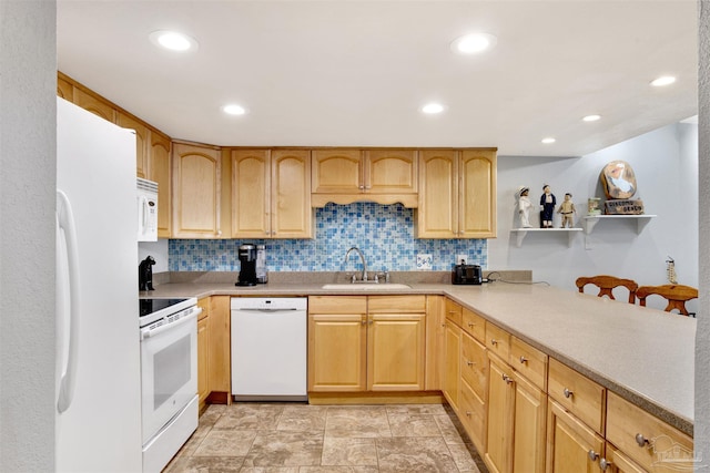 1111 Ft Pickens Rd Unit 524, Pensacola Beach, FL 32561 - kitchen featuring white appliances, a sink, light brown cabinetry, recessed lighting, and backsplash