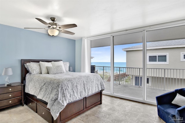 1111 Ft Pickens Rd Unit 524, Pensacola Beach, FL 32561 - bedroom featuring access to outside, floor to ceiling windows, a water view, and a ceiling fan