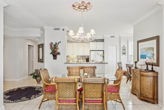 dining area featuring an inviting chandelier, light tile patterned floors, crown molding, and a textured ceiling