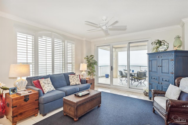 tiled living room featuring crown molding and ceiling fan