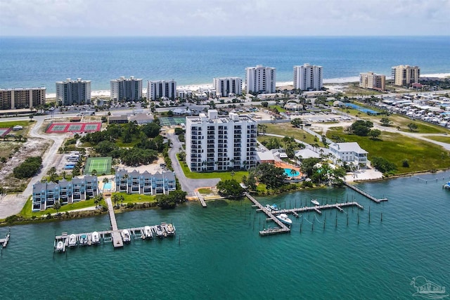 bird's eye view with a water view and a view of city