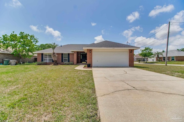 3086 Myrshine Dr, Pensacola, FL 32506 - ranch-style home with brick siding, an attached garage, a front yard, and driveway