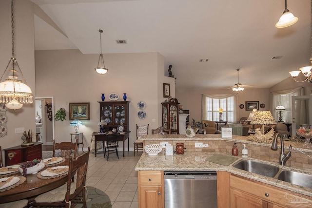 1013 Patriot Pl, Pensacola, FL 32534 - kitchen featuring decorative light fixtures, sink, stainless steel dishwasher, light tile patterned floors, and light brown cabinets