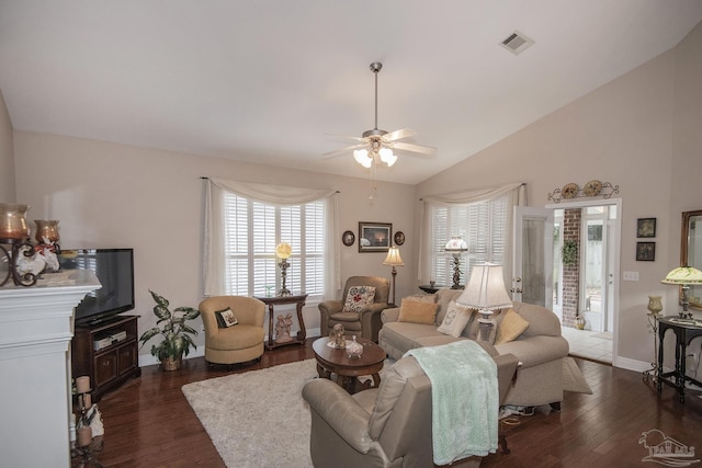 1013 Patriot Pl, Pensacola, FL 32534 - living room with vaulted ceiling, dark wood-type flooring, and ceiling fan