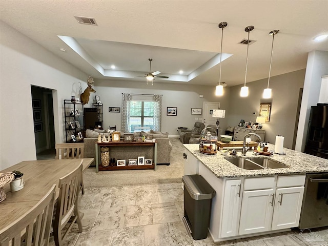 kitchen with a raised ceiling, ceiling fan, sink, and white cabinets