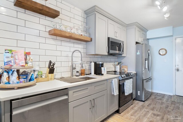 kitchen featuring gray cabinets, light hardwood / wood-style floors, sink, stainless steel appliances, and backsplash