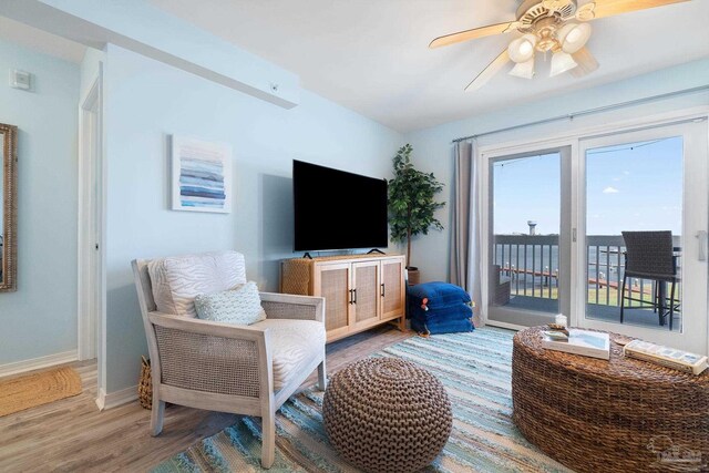 living room with ceiling fan and hardwood / wood-style flooring