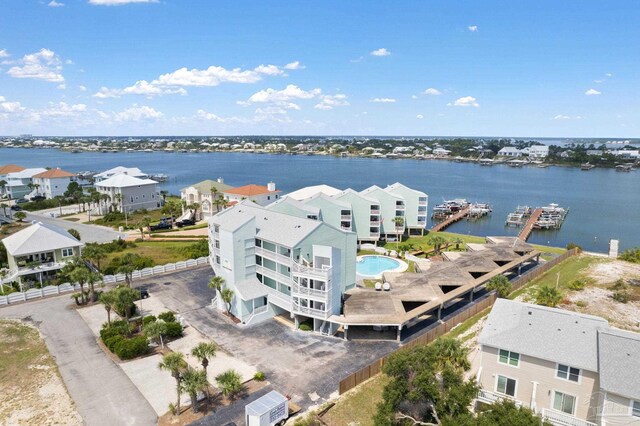 bird's eye view with a water view