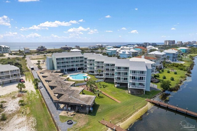 drone / aerial view featuring a water view